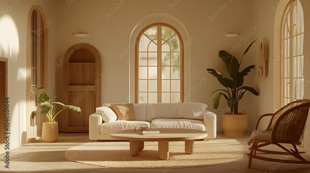 A bright and airy living room with a white sofa, a wooden coffee table, and large arched windows. A bright and airy living room with a white sofa, a wooden coffee table, and large arched windows.