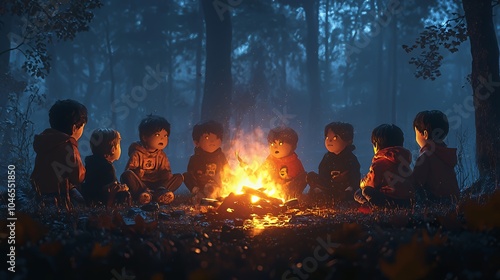 A group of young children sit in a circle around a campfire in the middle of a dark and foggy forest.