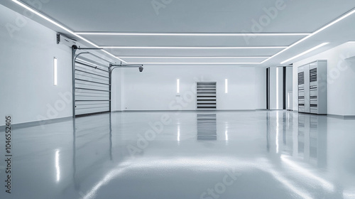 a sleek garage with light gray epoxy flooring white