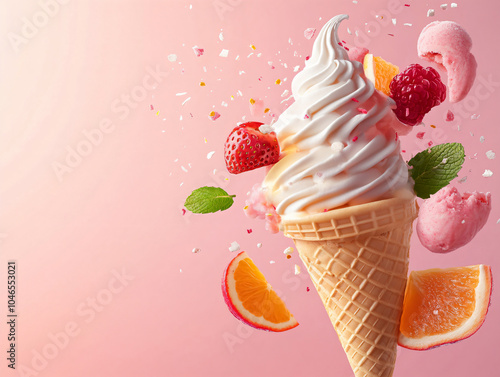 Ice cream cones and toping flying ingredients on a pink background. strawberry, berry and fruit.  photo