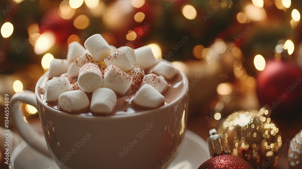 A cup of cozy hot chocolate with marshmallows surrounded by holiday decor and warm festive lights. A cup of cozy hot chocolate with marshmallows surrounded by holiday decor and warm festive lights.