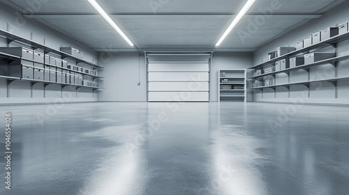 a sleek garage with smooth concrete flooring light
