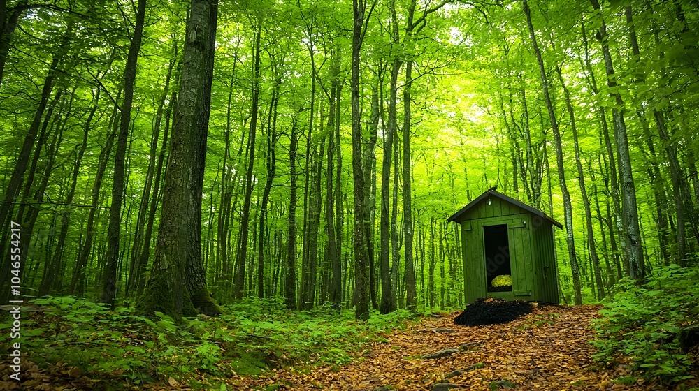 Composting Toilet at Peaceful Campsite Nestled Deep Within Serene Forested Landscape Offering Eco Friendly Off Grid Outdoor Experience Composting Toilet at Peaceful Campsite Nestled Deep Within Serene Forested Landscape Offering Eco Friendly Off Grid Outdoor Experience