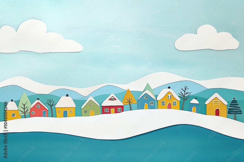 Colorful houses on a winter landscape, illustration on a blue background. Colorful houses on a winter landscape, illustration on a blue background.