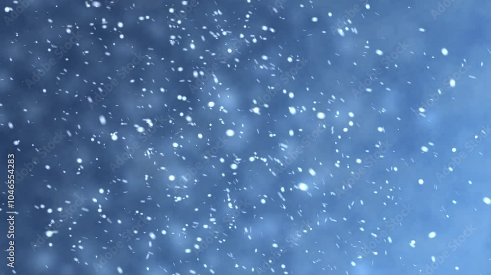 Flying snow on a blue background. 4K motion graphics. snowfall overlay, background - winter, effect of slowly falling snow. Abstract particle background. animation winter weather