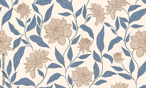 Vintage seamless floral pattern with dahlia flowers and leaves