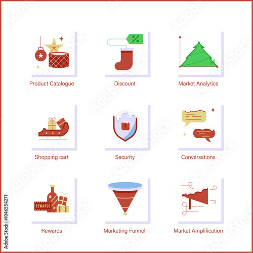 Winter marketing icon set. Holidays Christmas theme. Analytics, funnel, chat, shopping cart, rewards vector. Vintage red , green, snow white, yellow.