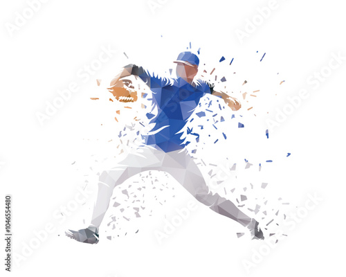 Baseball player pitches the ball, isolated low poly vector illustration, side view. Baseball player logo