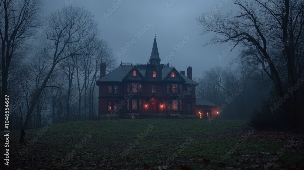 An old, brick house with a pointed roof and lit windows stands on a hill, shrouded in fog and surrounded by trees. An old, brick house with a pointed roof and lit windows stands on a hill, shrouded in fog and surrounded by trees.