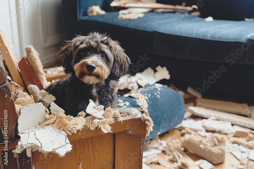 Dog feeling guilty after destroying apartment furniture photo