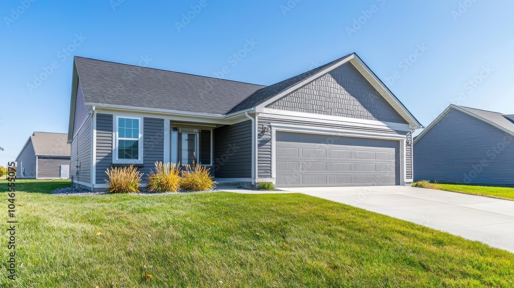Gray vinyl siding and a garage mark the front of a modest one-story home.