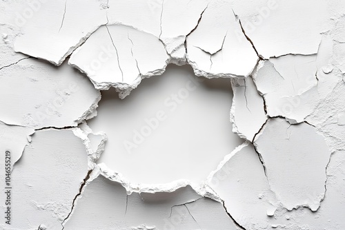 Cracked white wall texture background with a broken hole.