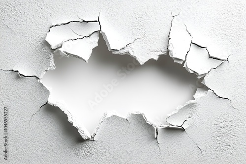 Cracked white wall texture background with a broken hole.