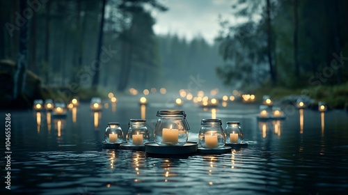 Floating lanterns drifting over a river, peaceful and magical Festival of Lights scene photo