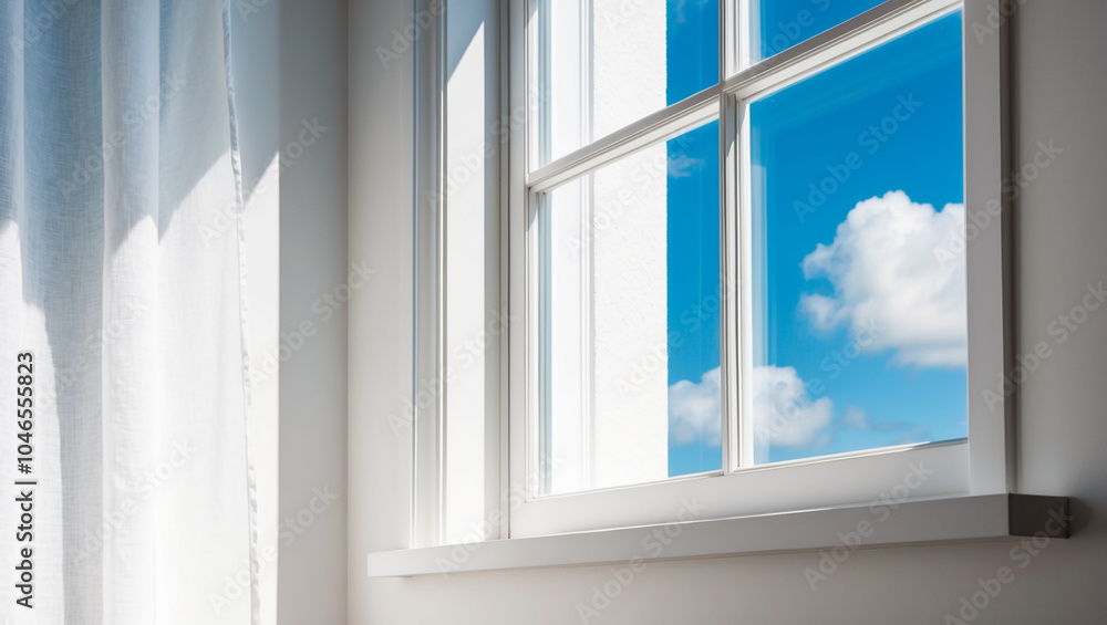 This image captures a bright and serene view through a white-framed window, showcasing a clear blue sky with fluffy clouds, enhancing the room's minimalist feel. This image captures a bright and serene view through a white-framed window, showcasing a clear blue sky with fluffy clouds, enhancing the room's minimalist feel.