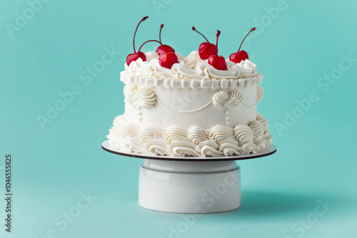 Delicate lambeth style birthday cake with white cream cheese frosting decorated with cocktail cherries on the turquoise background