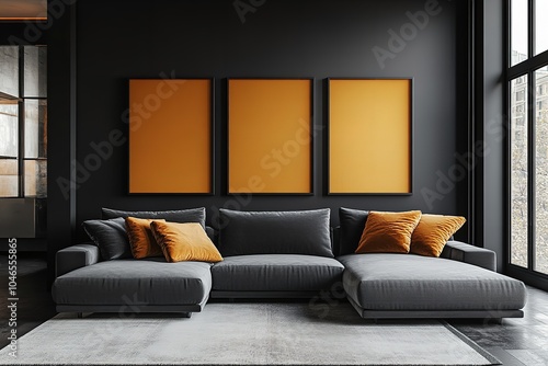 Living room featuring three square accent canvas paintings on a black wall. The gallery displays dark colors, complemented by a gray sofa, creating a luxurious triptych exhibition mockup layout. photo