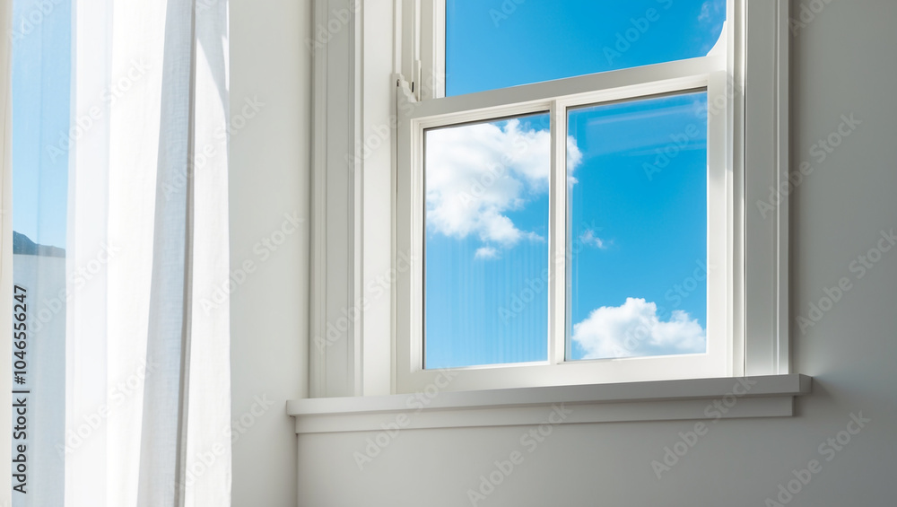 This image captures a bright and serene view through a white-framed window, showcasing a clear blue sky with fluffy clouds, enhancing the room's minimalist feel. This image captures a bright and serene view through a white-framed window, showcasing a clear blue sky with fluffy clouds, enhancing the room's minimalist feel.