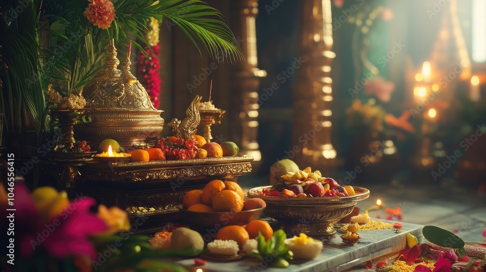 A serene scene of a traditional pooja setup with a beautifully decorated altar, offering fruits, sweets, and flowers for blessings. A serene scene of a traditional pooja setup with a beautifully decorated altar, offering fruits, sweets, and flowers for blessings.