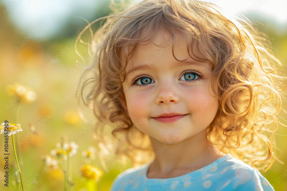 A little girl with blue eyes standing in a field of flowers A little girl with blue eyes standing in a field of flowers