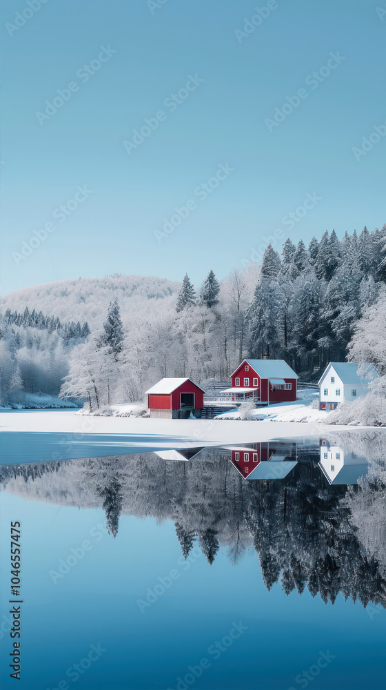 A serene winter landscape showcasing red cabins reflecting on a tranquil lakeside A serene winter landscape showcasing red cabins reflecting on a tranquil lakeside