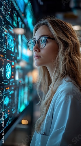 Radiologist Analyzing Brain Scan Data on Modern Medical Display with Digital Interface