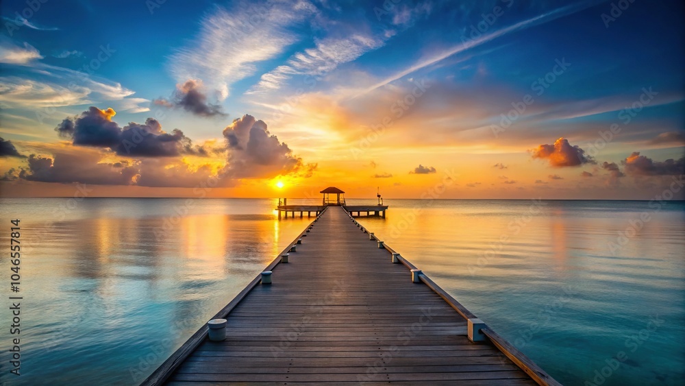 Obraz premium Sunrise on a Caribbean beach with a pier in the background