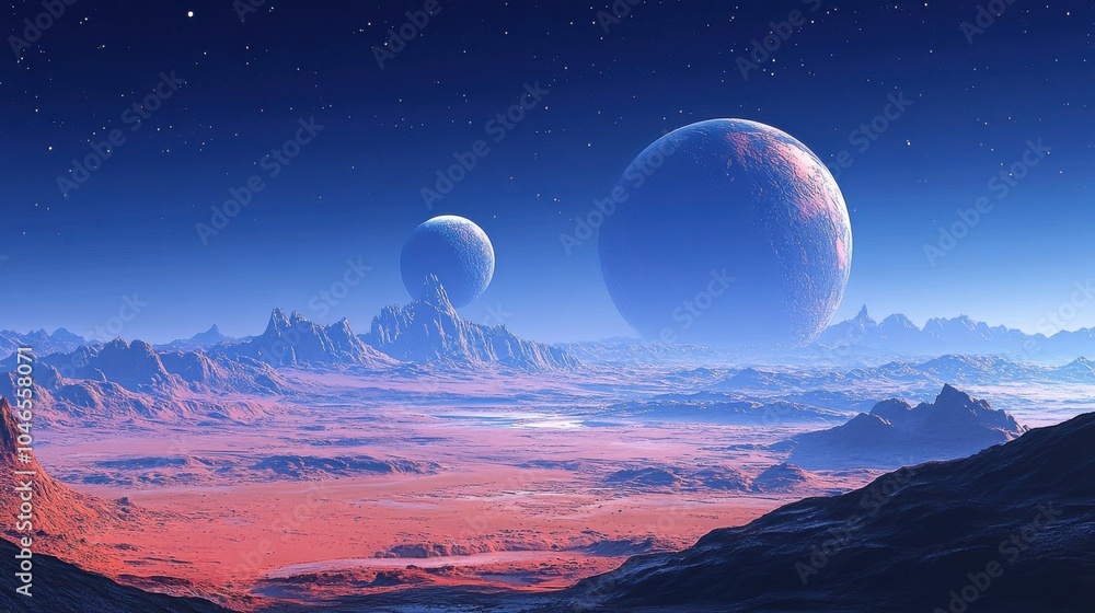 An alien landscape with multiple moons. An alien landscape with multiple moons.