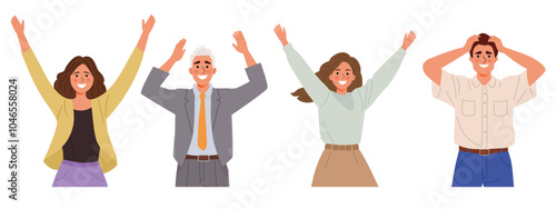 Vector illustration in a flat style shows four people, two women and two men, expressing joy.