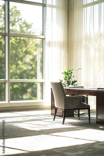 A spacious executive suite with large windows. The bright environment enhances creativity and motivation