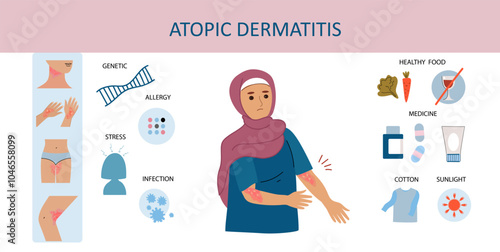 Muslim woman suffers from atopic dermatitis. Neurodermatitis symptoms and reasons infographic. Human skin infection dermatitis diagnosis. Vector doodle hand drawn flat illustration	