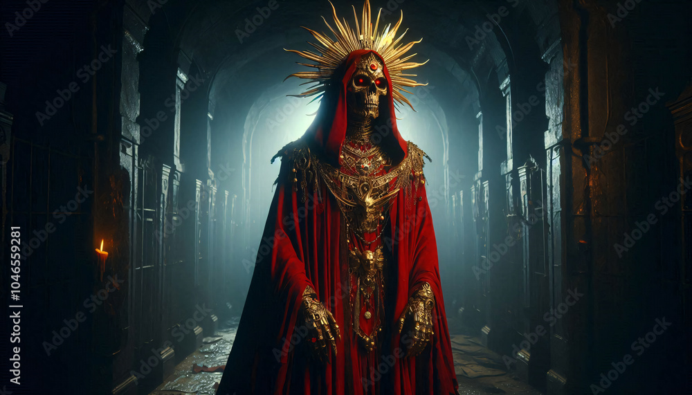 Fototapeta premium a red cloaked undead warrior, wearing a golden sun crown