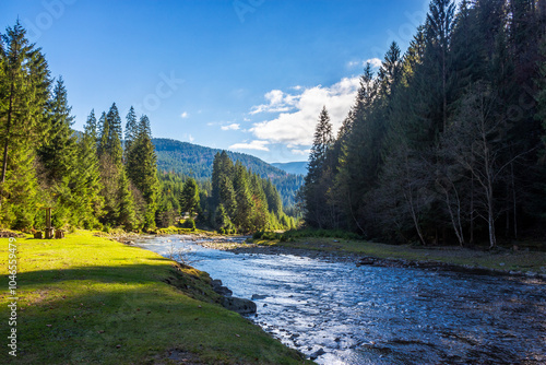 landscape with mountains, forest and a river in front. idyllic wallpaper. beautiful scenery in autumn. grass on the shore