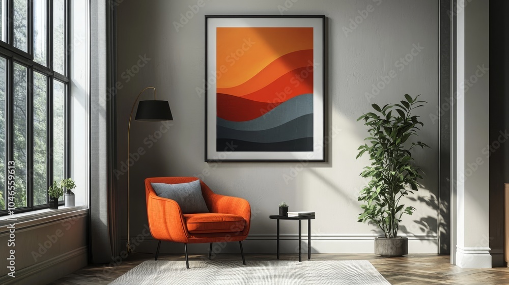 Fototapeta premium Modern Living Room with Art and Cozy Accent Chair