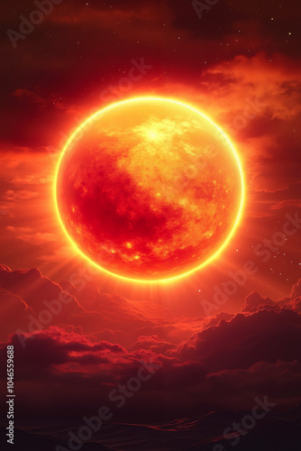 A red sun in the sky with clouds in the background