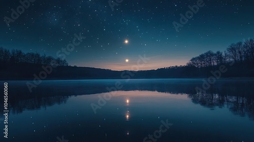 A starry night sky over a serene lake, reflecting the twinkling constellations and a glowing moon.