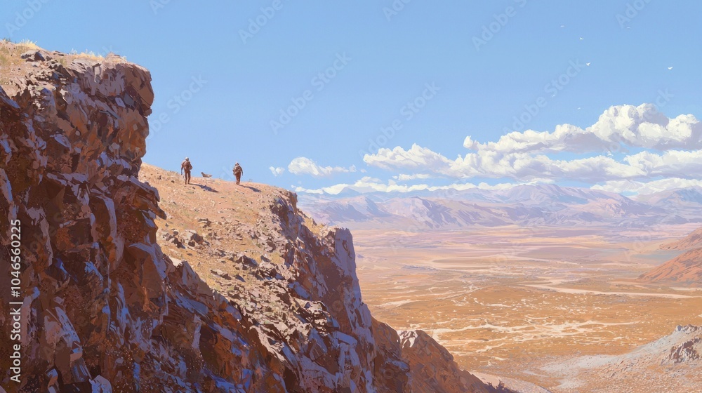 Obraz premium Majestic Martian Hiking Adventure with Settlers Exploring Ridge over Valley and Mountains in Ultra-Detailed Image
