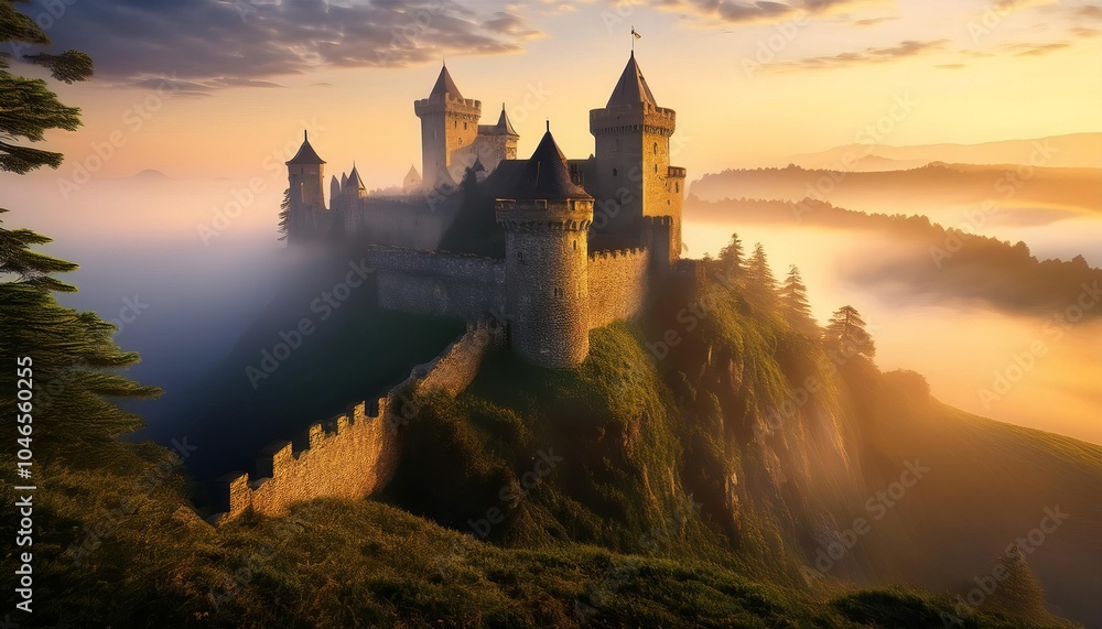 Medieval castle emerging from fog at golden hour Medieval castle emerging from fog at golden hour