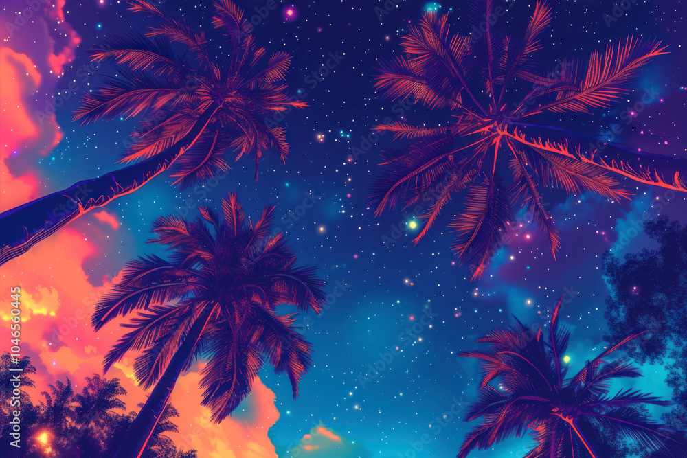 Vibrant tropical palm trees reaching up to a starry night sky at sunset Vibrant tropical palm trees reaching up to a starry night sky at sunset