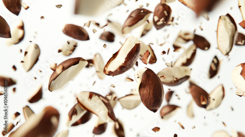 A large number of pieces and slices of Brazil nuts were scattered in the air. A delicious and healthy snack. Healthy eating. The scene creates a sense of chaos