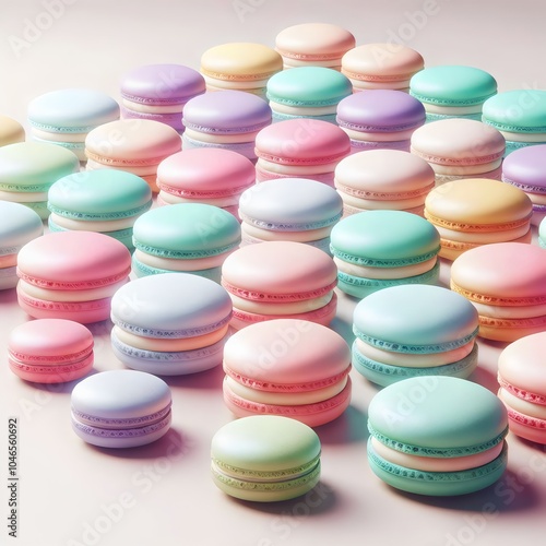 Colorful macarons arranged in a staggered pattern, with pastel hues of pink, blue, yellow, and green.