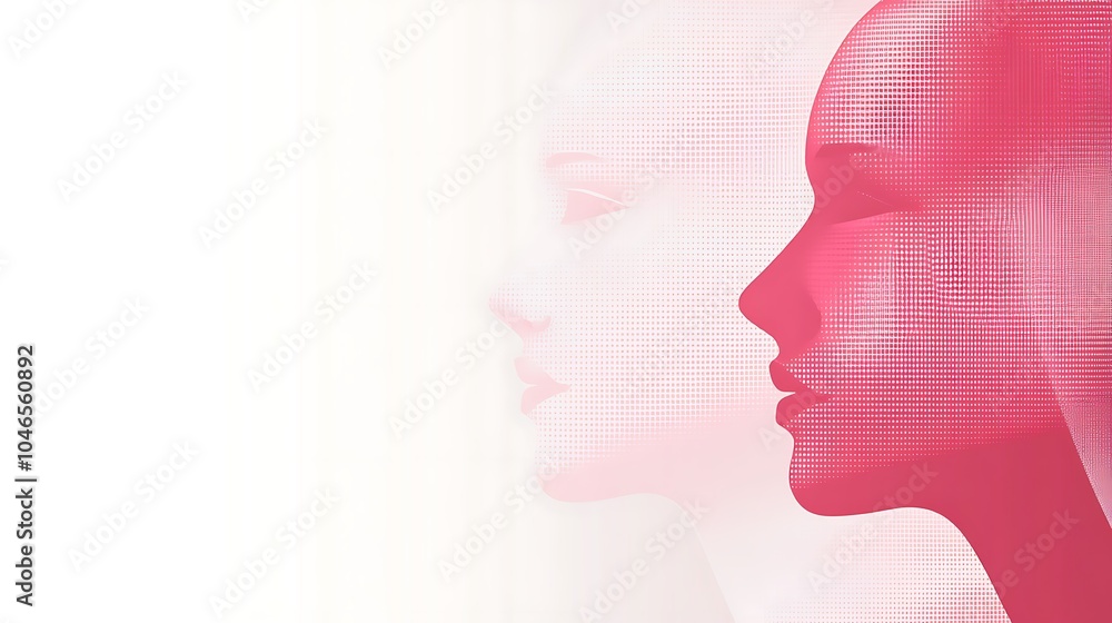 Two female faces in profile, one faded and the other bright pink, against a white background. Two female faces in profile, one faded and the other bright pink, against a white background.