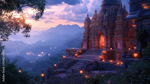 A stunning Hindu temple built on a hilltop, with panoramic views of the surrounding landscape. The temple's stone walls are intricately detailed, and the scene is bathed in the soft light of dusk, 