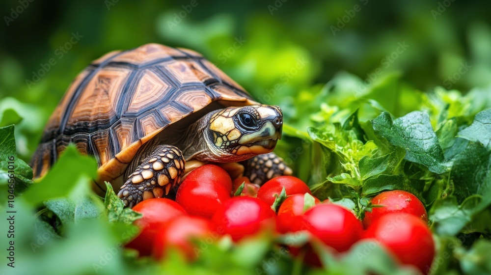 A small turtle with a brown shell and yellow markings sits among green leaves and red tomatoes, eating a tomato. A small turtle with a brown shell and yellow markings sits among green leaves and red tomatoes, eating a tomato.
