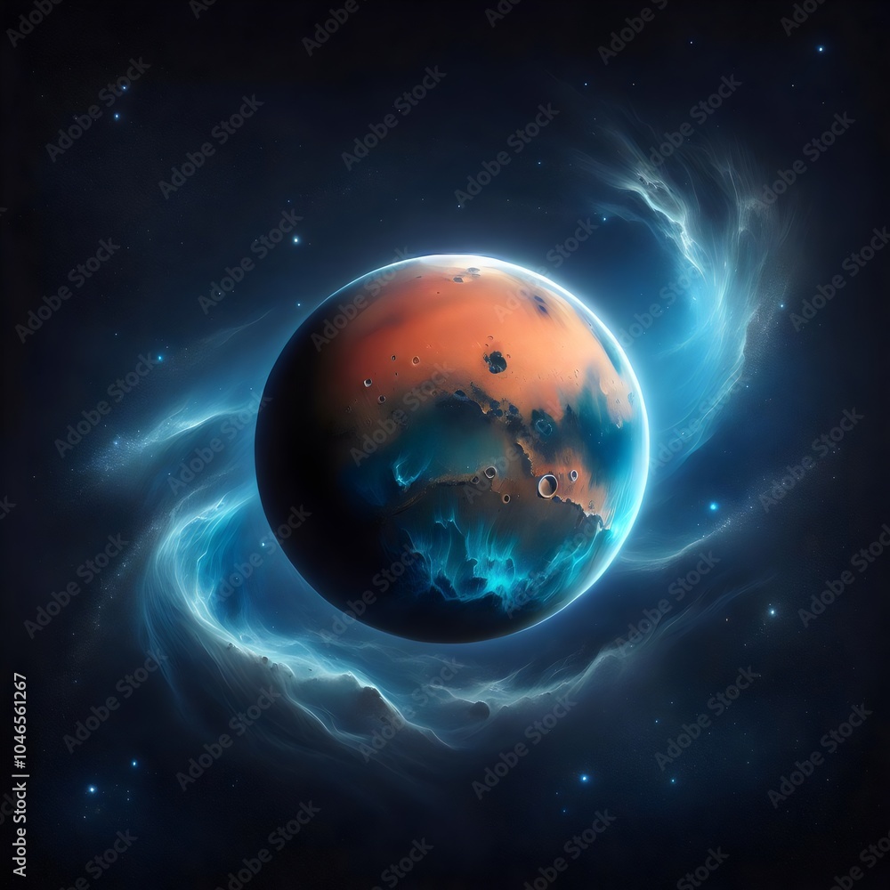 Fototapeta premium A stylized illustration of a planet with a blue and orange surface, surrounded by a glowing blue nebula in space.