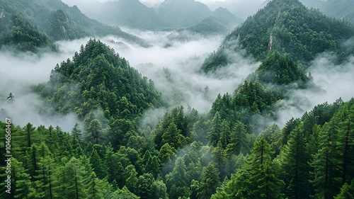 Aerial view of a misty forest in the mountains.