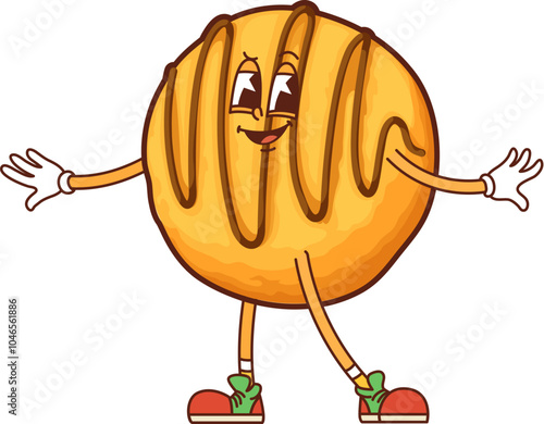 Funny groovy cookie character, cartoon vector bakery dessert personage with chocolate decor and happy face Isolated round shortbread freshly baked pastry, kawaii bake house production for kids menu