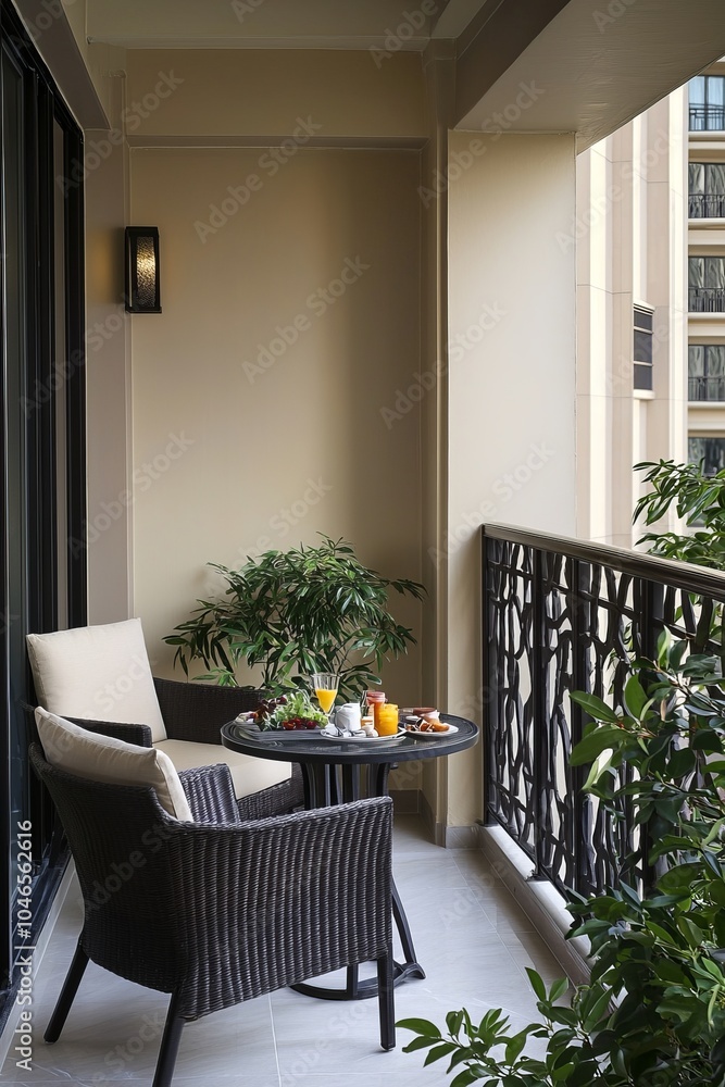 Fototapeta premium An executive suite featuring a balcony with seating. The outdoor space offers a relaxing spot to unwind during busy days