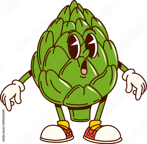 Groovy artichoke vegetable retro character with funny face, vector comic cartoon. Groovy artichoke with surprised face or astonished emotion for cheerful cute vegetable emoji in retro cartoon