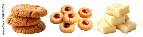 Jam filled thumbprint cookies topped with red fruit preserve, crumbly butter cookies and cracked molasses cookies isolated on white transparent background photo